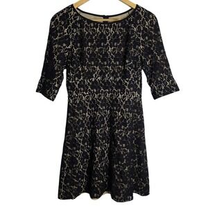 ABS by Allen Schwartz Black Gold Lace Overlay Dress‎ 3/4 Sleeve Fit Flare Size 4